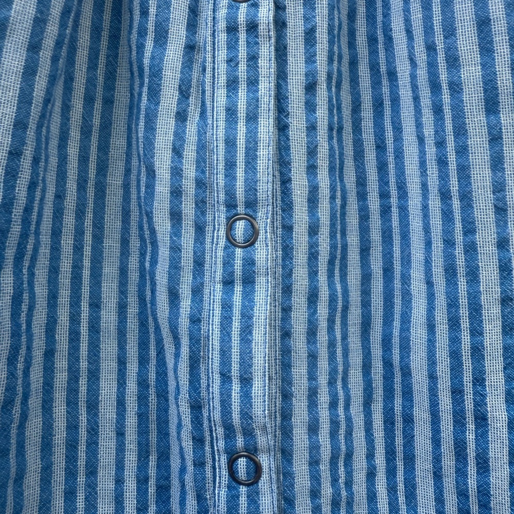 Apiece Apart Los Altos Top Blue Seersucker Stripe Puff Sleeve Henley - Picture 8 of 13